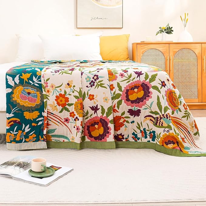Boho Throw Blanket for Home Decor,Ultra Soft Throw Rustic Classic Quilt,100% Cotton Muslin Blankets for Adults, Reversible Woven Decorative Blanket for Bed Layering Use,Bid & Floral, 50"x60"