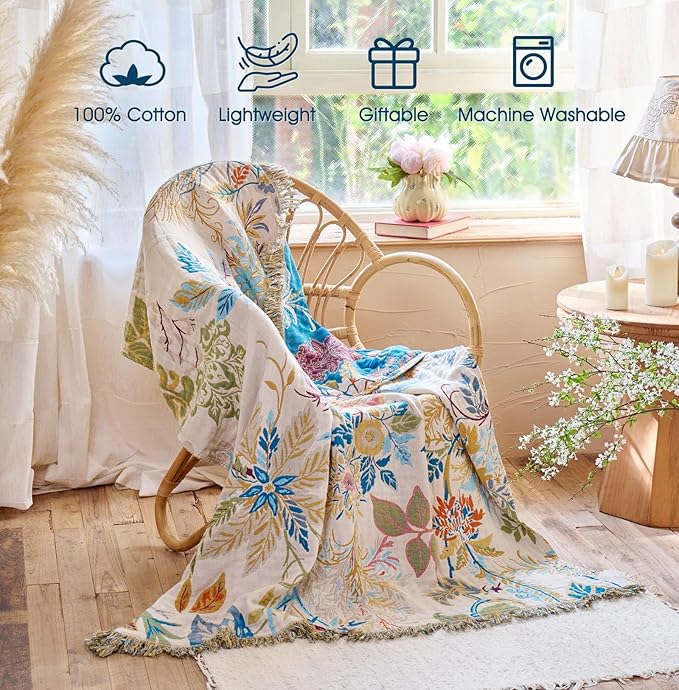 Boho Throw Blanket - 100% Cotton Throw Blankets for Bed Couch, 50"x60" Soft Muslin Lightweight Spring Throw Blanket, Cozy Floral Plant Printed Bohemain Bedding Decor Green Throw Quilt