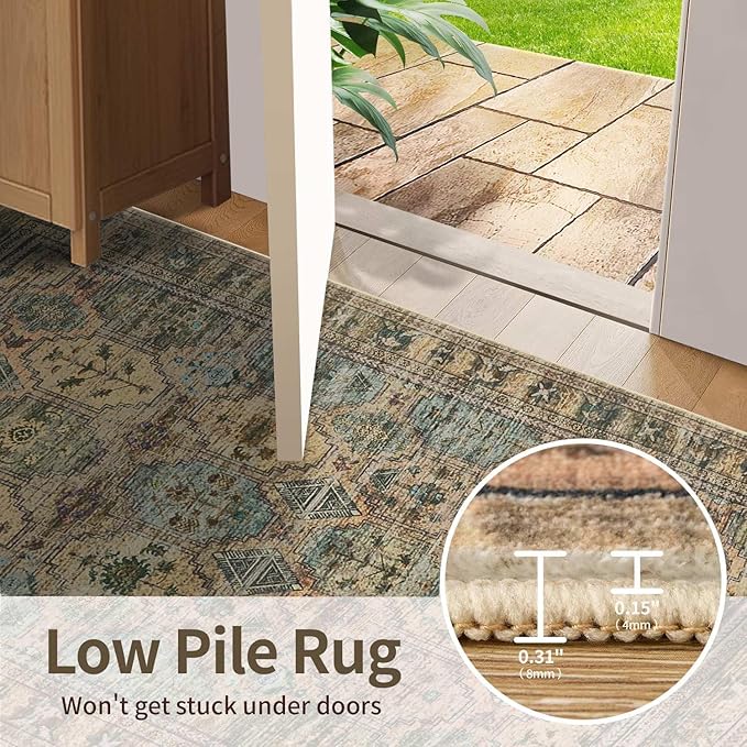 8x10 Area Rugs for Living Room Bedroom, Large Washable Rug, Brown Vintage Retro Boho Rug, Non Slip & Low Pile Faux Wool Thin Carpet for Indoor Dining Room and Kids Room(Brown 8x10ft)