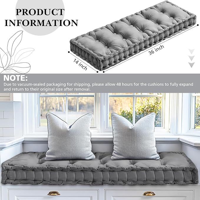 Bench Cushions for Indoor Furniture 36x14 in Velvet Kitchen Dining Piano Window Seat Cushion, Tufted Patio Porch Swing Thicken Bench Pad Memory Foam(Gray)