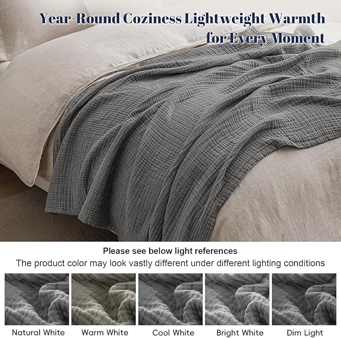 PHF 100% Cotton Muslin Throw XL Blanket Large 50" x 70", 4-Layer Lightweight Gauze Throw, Breathable Cloud-Soft Minimalist Blanket for Bed, Couch, Camping & Baby, Greyish Black, Ideal Gift