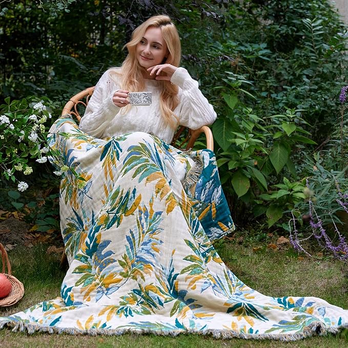 Boho Throw Blanket 50"x60" 100% Cotton Couch Tassel Blanket with Leaf Pattern,Soft Breathable Lightweight Spring Decorative Reversible Blankets for Sofa Bed Decor All Season