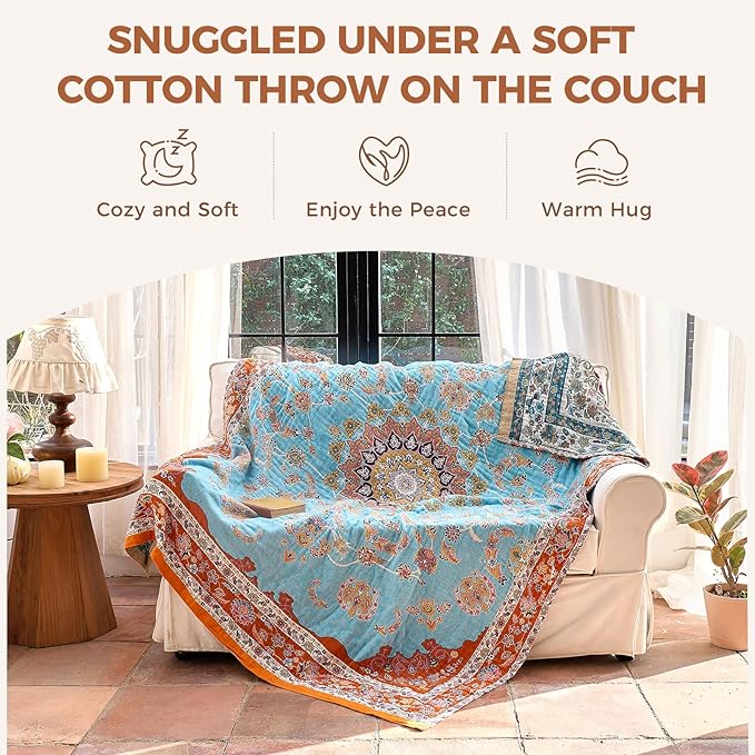 Boho Throw Blanket for Couch Sofa Chair Cotton Spring Blankets for Bedroom Living Room All Season Lightweight Reversible Floral Embroidery Decorative Throws 50"x60"