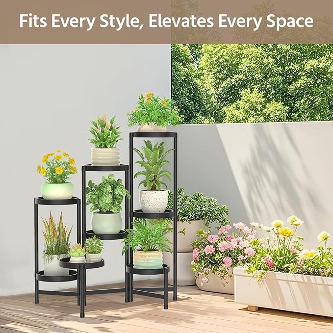 LASZOLA 8 Tiered Plant Stand Indoor Outdoor with Plastic Tray, Corner Folding Tall Flower Display Rack, Modern Plant Holder Shelf for Outdoor Patio Porch Garden Office Living Room, Black