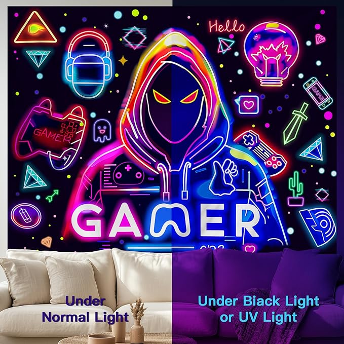 Apdidl Blacklight Gaming Wall Tapestry for Bedroom, Glow in the Dark Funny Game Player Boys Room Decor Tapestries, Cool Gamer Posters UV Reactive Neon Wall Hanging for Kids Living Room Dorm 51" X 60"