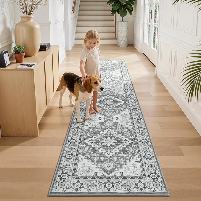 Lessymo Runner Rug for Hallway 2 x 8, Machine Washable Area Rugs Boho Faux Wool Low Pile Area Rug for Bedroom, Floral Medallion Vintage Rugs with Non-Slip Rubber, Grey Beige