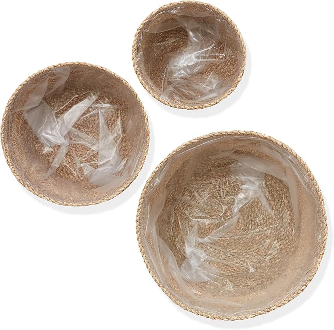 Casafield Set of 3 Seagrass Planter Baskets with Liners - Two-Tone, Hand Woven Indoor Flower Pot Covers for Plants, Succulents, Home Decor