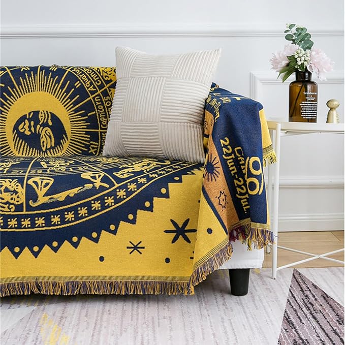Boho Throw Blankets Woven Reversible Cotton Bohemian Tapestry Hippie Room Decor Witchy Astrology Zodiac Celestial Constellation Carpet Bed Recliner Chair Couch Sofa Cover Double Sided 70"x90"