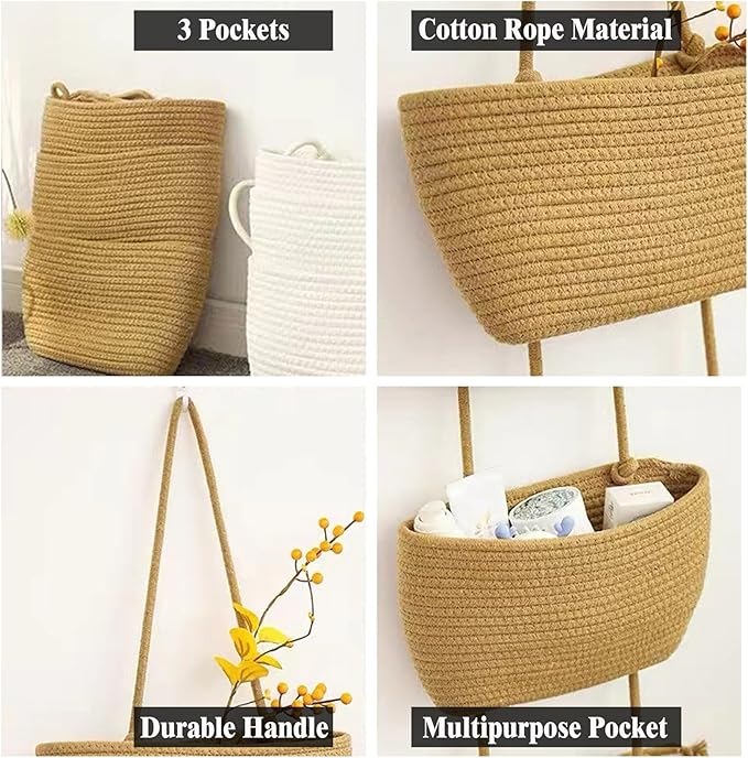 AARAINBOW Wall Hanging Cotton Baskets - Large 3 Tier Decorative Baskets for Wall, Nursery, Bathroom (B-Brown)