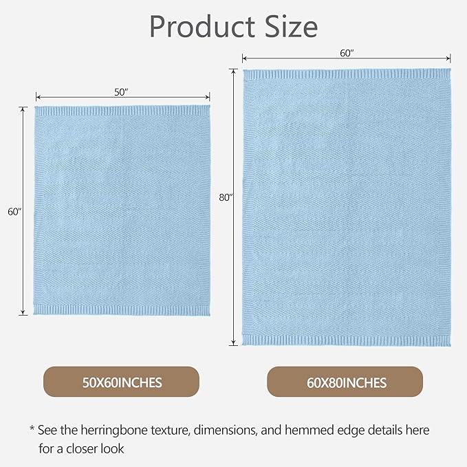 Knitted Throw Blanket 50"X60", Light Blue Knit Throws for Bed, Super Soft Boho Chevron Blankets for Couch Sofa Chair Room Decor, Textured Decorative Farmhouse Cozy Lightweight