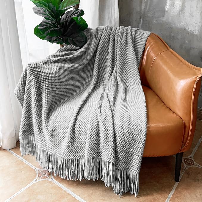 LOMAO Knitted Throw Blanket with Tassels Bubble Textured Lightweight Throws for Couch Cover Home Decor (Light Grey, 60x80)