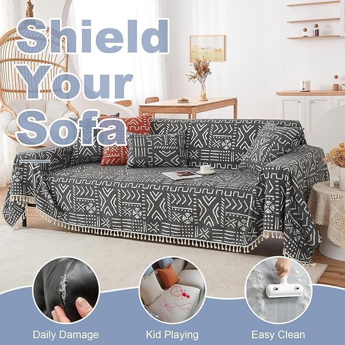 VClife Boho Couch Cover for 3 Cushion Couch Sofa Durable Soft Chenille Sofa Slipcover for Sectional Sofa, 1 PC Multi-Functional Sofa Covers Protector, Black and White Furniture Protector 71" x 134"