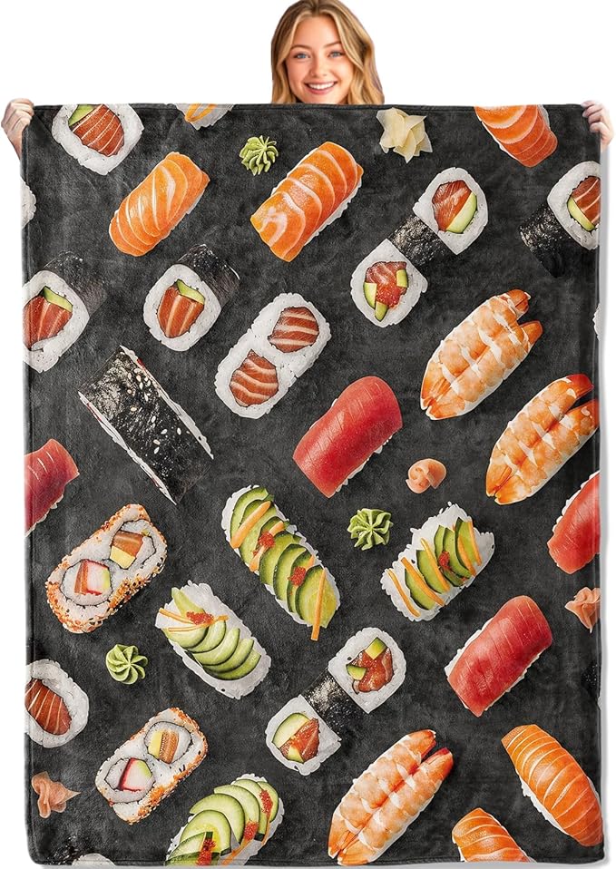 Sushi Throw Blanket - 60x80in,Ultra Soft, Cozy Lightweight Flannel,Realistic Roll & Nigiri Blankets - Gifts for Kids Girls & Japanese Cuisine Lovers,for Couch Home Living Room Culinary Decor