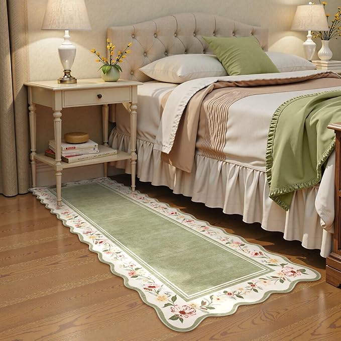 Lahome Floral 2'x 6' Washable Kitchen Runner Rug, Green Rug Runners for Hallways Non Slip, Scalloped Runner Rug Ultra-Thin Stain Resistant Boho Carpet for Entryway Bathroom Bedroom Ariele（Green，2x6ft）