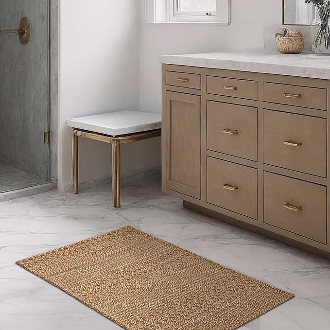 2x3 Textured Washable Entry Rug, Natural Woven Low-Profile Door Mat with Non-Slip TPR Backing, Light Brown, for Entryway, Kitchen, Laundry Room