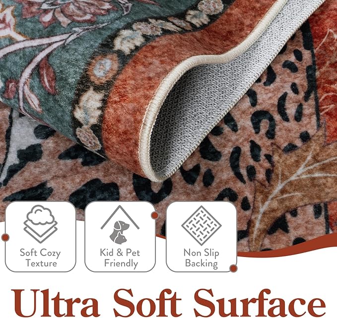 Moynesa Leopard 5x7 Area Rug, Boho Washable Living Room Rug, Non Slip Rugs for Bedroom, Ultra Thin Vintage Soft Stain Resistant Throw Floor Carpet for Office Dining Room, Rust
