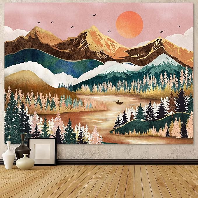 Zussun Mountain Tapestry Nature Forest Tree Tapestries for Bedroom Aesthetic Sunset Tapastry's Wall Hanging Orange and Green Landscape Wall Tapestry for Living Room Dorm (Orange, 80'' × 60'')