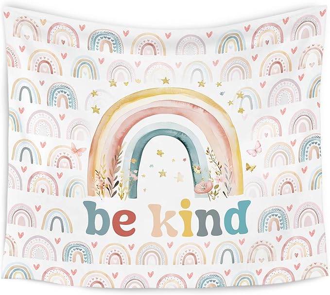 WARDOS Boho Rainbow Classroom Tapestry, Be Kind Motivational Tapestry Wall Hanging, Boho Pastel Rainbow Wall Blanket Decor for Classroom Kids Room Nursery Playroom, 50x60 Inch