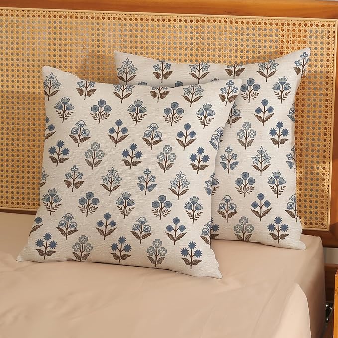 Brown Blue Pillow Covers 16x16 Inch Set of 2 Boho Block Print Floral Throw Pillows Vintage Flower Decorative Pillow Cases Outdoor Linen Farmhouse Cushion Cover for Couch Sofa Bed Decor