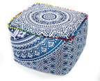 CRAFT KALA Indian Square Patchwork Traditional Pouf Cover Indian Living Room Poufs Cover Decorative Designer Ottoman Pom Pom Home Living Footstool Chair Cover Ottoman Decor 20X20X14 inches, Blue Ombre