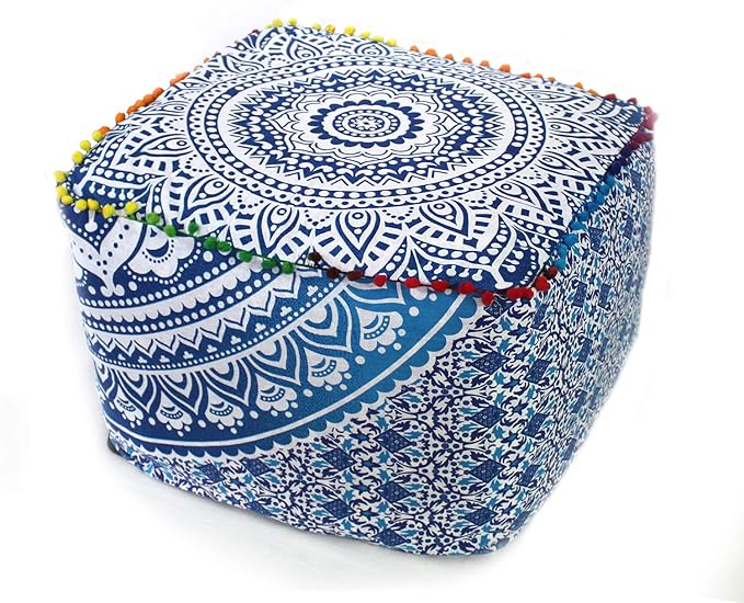 CRAFT KALA Indian Square Patchwork Traditional Pouf Cover Indian Living Room Poufs Cover Decorative Designer Ottoman Pom Pom Home Living Footstool Chair Cover Ottoman Decor 22X22X14 inches, Blue Ombre