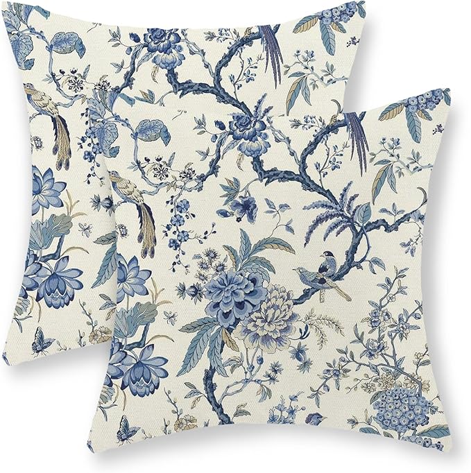 Chinoiserie Floral Bird Pillow Covers 20x20 Set of 2 Blue Chinoiserie Flowers Decorative Pillow Cases Outdoor Blue and Cream Throw Pillows Farmhouse Linen Cushion Case for Couch Home Decor