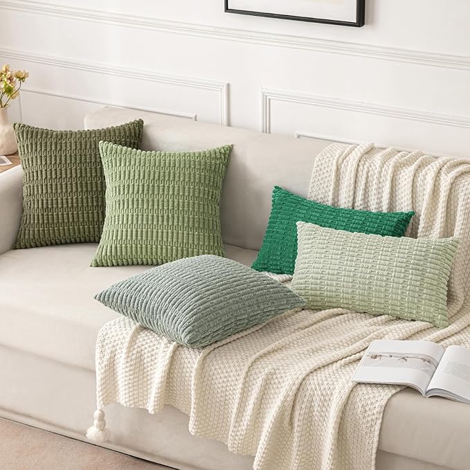 MIULEE Pack of 2 Green Corduroy Decorative Pillow Covers 20x20 Inch Soft Boho Striped Throw Pillow Covers Modern Farmhouse Home Decor for Sofa Living Room Couch Bed