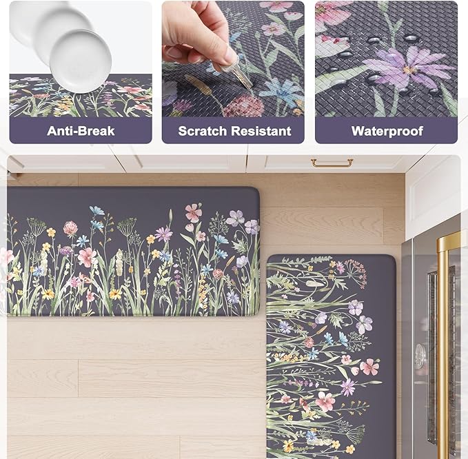 KIMODE Anti Fatigue Floor Mat, Cushioned Farmhouse Runner Rug, Non Slip, Memory Foam for Kitchen, Laundry, Office, Sink Dark Gray/Purple 17.3"x59"