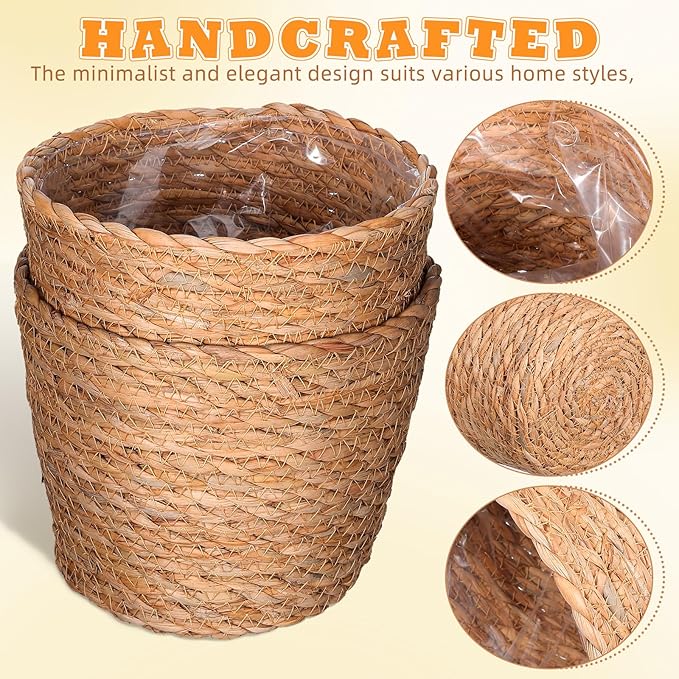 Veemoon 2pcs Wicker Planter Basket, Rustic Straw Woven Flower Basket Arrangement Flower for Plants Laundry Bin Storage Woven Plant Pot Hanging Seaweed Girl Toddler Hanging Seaweed 5. 11x5. 11x3. 54in