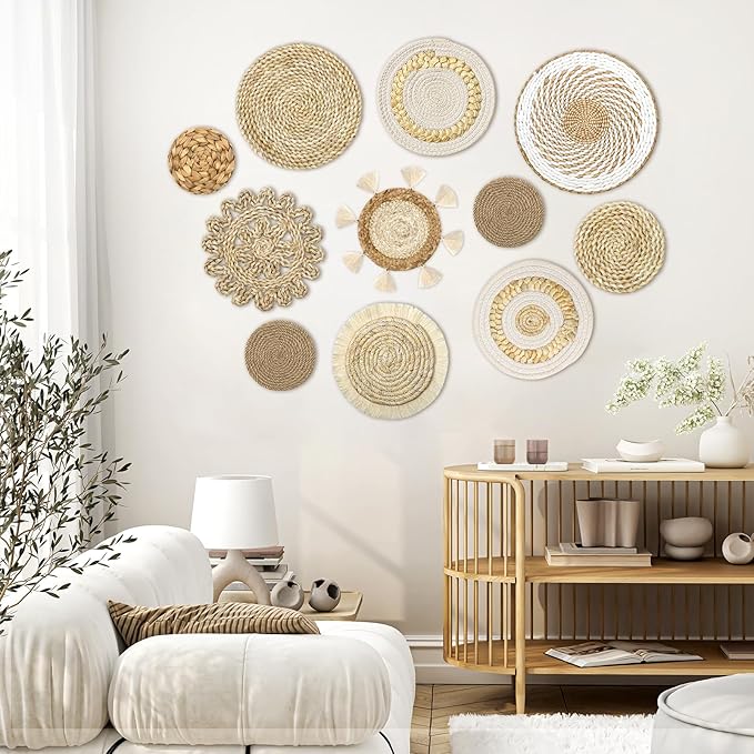 LOMOHOO Set of 11 Boho Wall Basket Decor Wicker Woven Wall Basket Decorations Bohemian Handcrafted Round Basket Hanging decor Bulrush Wall Art Decors for Living Room Rustic Home