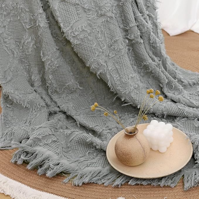 Simple&Opulence Cotton Throw Blanket for Bed, Couch, Boho Textured Geometric Knit Woven Blanket With Tassels Soft, Lightweight Breathable Shabby Chic Farmhouse Decoration for All-Season(Greyish Green)