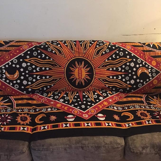 Popular Handicrafts Wall Hanging Tapestry For Bedroom Hippie Burning Sun and Moon Meditation Bohemian Hippy Psychedelic Design Indian Tapestries Bedspread 30 x 40 Inches (76 x 101 cms), Blue