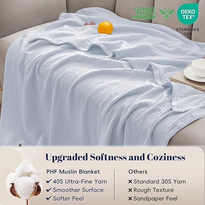 PHF 100% Cotton Muslin Throw Blanket 50" x 60", 4-Layer Lightweight Gauze Throw, Breathable Cloud-Soft Minimalist Blanket for Bed, Couch, Camping & Baby, Ancient Water, Ideal Gift