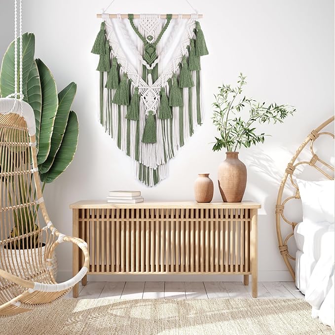 HVEST Green Macrame Wall Hanging Sage Green Boho Wall Tapestry Handmade Woven Tassel Tapestry, Boho Wall Decor for Bedroom Living Room Apartment Nursery Backdrop