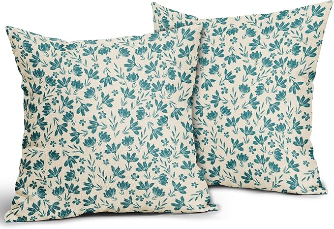 Teal Floral Pillow Covers 18x18 Set of 2 Vintage Rustic Old Style Cute Small Flower Blue Green Cream Print Decorative Outdoor Pillowcases Farmhouse Throw Cushion Case Decor for Couch Sofa Bed