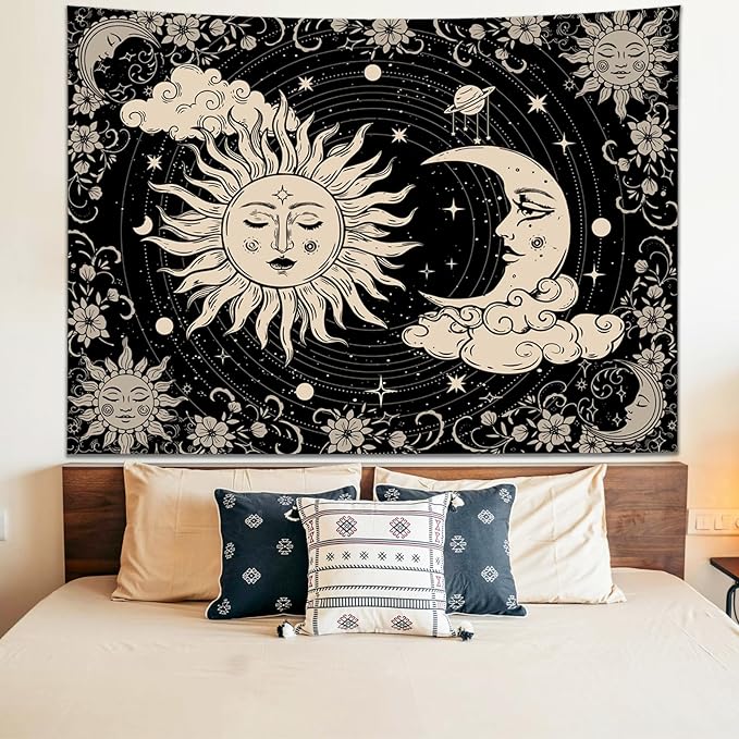 KJHL Black Sun and Moon Tapestry Wall Hanging 44ʺ x 60ʺ Boho Galaxy Celestial Aesthetic Tapestries for Bedroom Living Room Decor