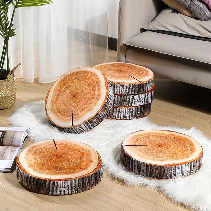 Unittype 6 Pcs Round Throw Pillow Wood Decorative Soft Circle Seating Tree Stump Pillow Floor Cushion Natural Wood Cushion 3D Digital Printing Forest Decor for Bedroom Living Room (Realistic)