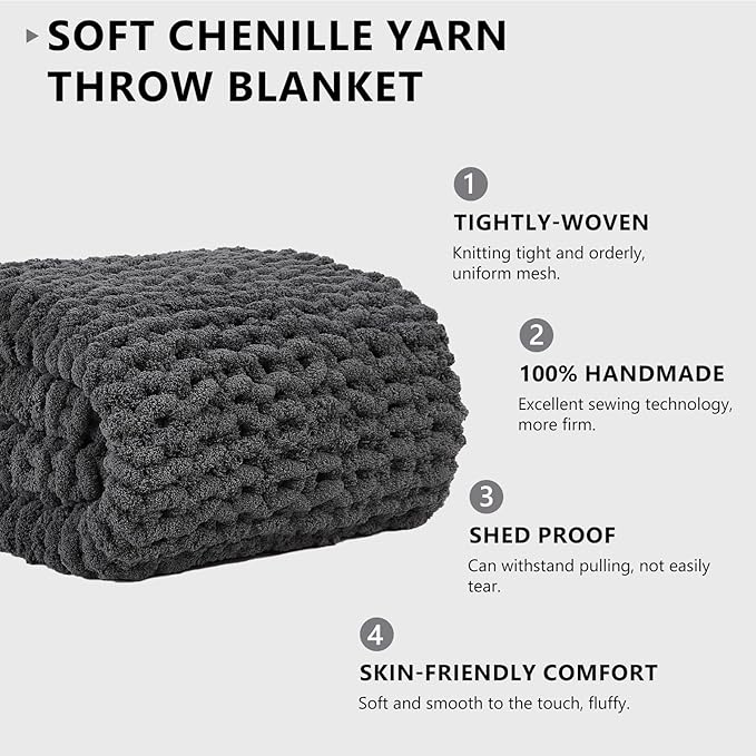 L'AGRATY Chunky Knit Blanket Throw: 72''x84'' Chenille Chunky Knitted Throw Blanket for Bed Couch - Handmade Thick Big Cable Knit Blanket - Large Crochet Blankets for Home Decor(Dark Grey)