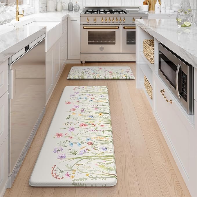 KIMODE Anti Fatigue Kitchen Mat for Floor, Farmhouse Floral Kitchen Rugs Sets of 2, Kitchen Floor Mats Non-Slip, Cushioned Standing Mat for Sink, Laundry, Desk, Home White 17"x47"+17"x29"