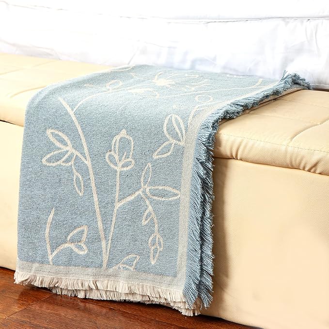 LALIFIT Boho Chic Decorative Throw Blanket Vintage Woodland Floral Bird Design with Tassels Soft Cotton Lightweight & Cozy for Home, Couch, Sofa, Farmhouse 50x60 Inches (Sky Blue)