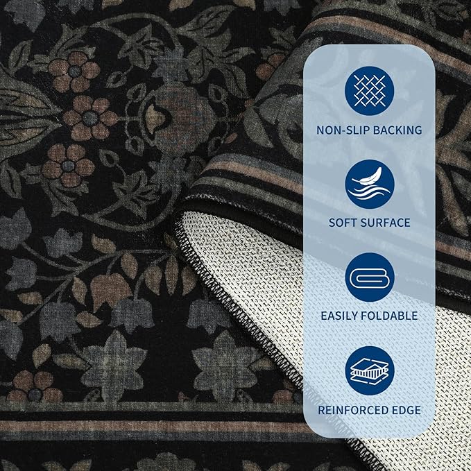 GarveeHome 5x7 Washable Area Rugs for Living Room, Boho Vintage Rug Non Slip Low Pile Stain Resistance Indoor Soft Large Throw Carpet for Bedroom Dining Room Office Black