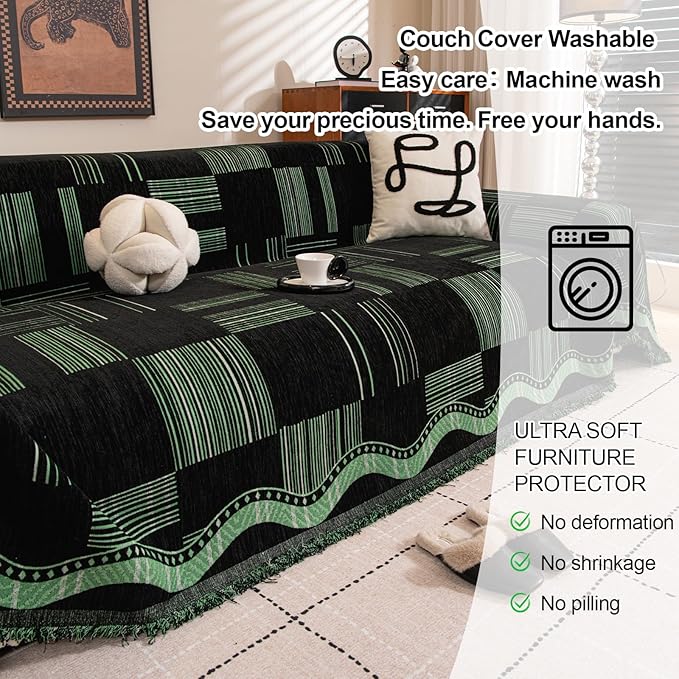 ROOMLIFE Ink Green Sofa Cover, Vintage Boho Couch Cover for 3 Cushion Sofa, Non Slip Chenille Sofa Slipcovers for Dog, Washable Furniture Sofa Protector Cover with Tassel for Living Room, 71''X150”