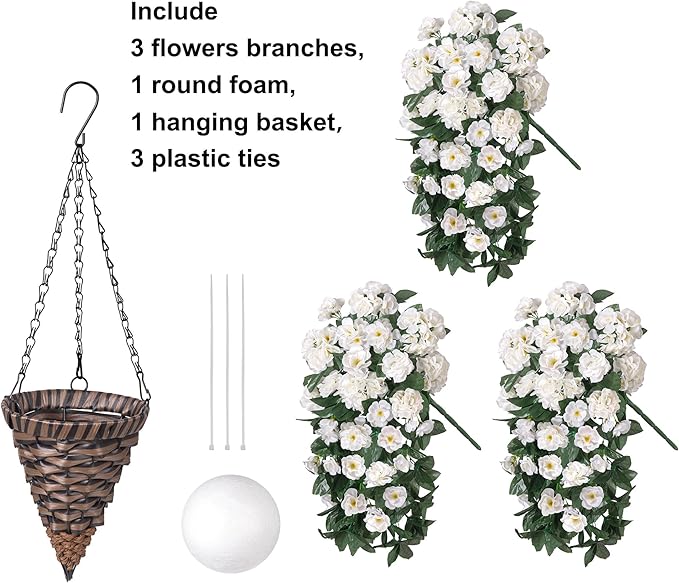 Artificial Geraniums Fake Hanging Flowers Basket for Spring Outdoor Decoration, Faux Plants Silk Geraniums Vines in Planter UV Resistant Look Real for Outdoors Yard Patio Porch Home Decor, White