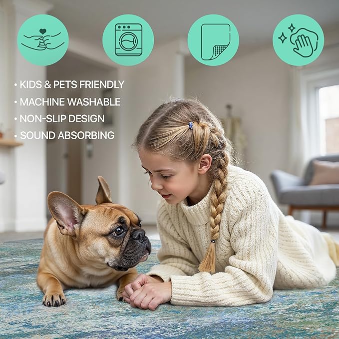 GENIMO Washable Rugs 6x9 Area Rugs for Living Room Bedroom, Modern Lightweight Rug Ultra Soft Indoor Area Rugs 6x9 for Dining Room, Low Pile Carpet with Non Slip Backing, Blue Green