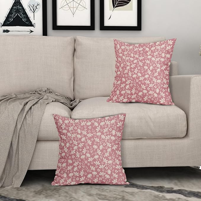 Pink Pillow Covers 22x22 Set of 2 Vintage Floral Rustic Old Style Cute Flower Print Decorative Outdoor Pillowcases Seasonal Farmhouse Throw Cushion Case Decor for Couch Sofa Bed