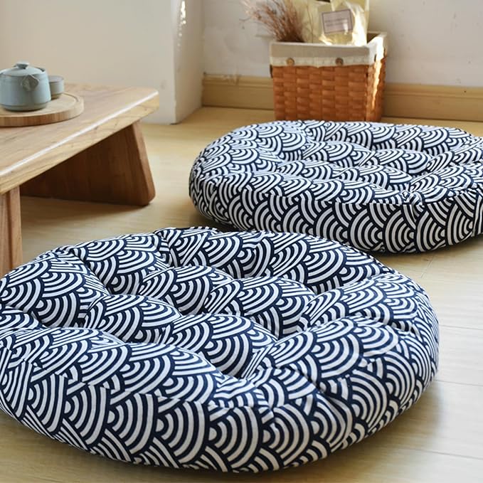 Round Tatami Seat Cushions, Thicken Soft Chair Pad,Cotton Linen Boho India Floor Seat Pillows for Living Room Sofa Bed Balcony Outdoor, 22Inch(Size:1 Count (Pack of 1),Color:Blue and White)