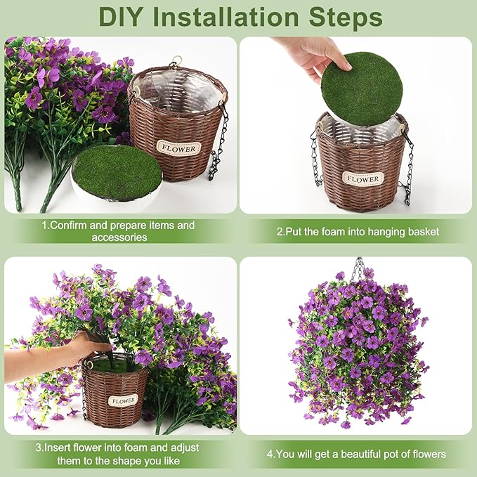 Artificial Flowers Hanging Baskets, 4 Bundles Outdoor Hanging Basket Spring Summer Decoration, No Fade Realistic Fake Flowers Plants for Porch Patio Balcony Home Yard Decor(Purple)