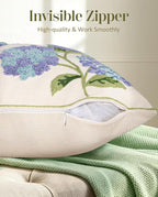 Embroidered Throw Pillow Cover - 18x18 Decorative Pillow Cover with Zipper Aesthetic Cute Design Boho Spring Summer Cozy Throw Pillowcase for Living Room Couch Sofa Bed, Blue Hydrangea