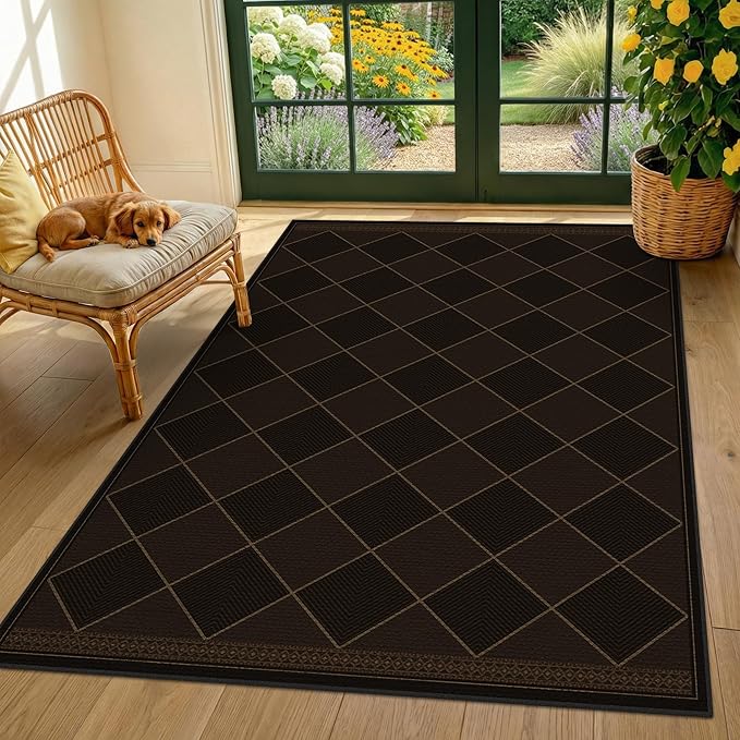 Dark Brown Diamond Checkered Easy Jute Rug 4x6, Non Slip Stain Resistant Checkerboard Area Rug, Low Pile Indoor Outdoor Carpet for Entryway, Living Room, Porch & Office, Mid-Century Modern Style Decor