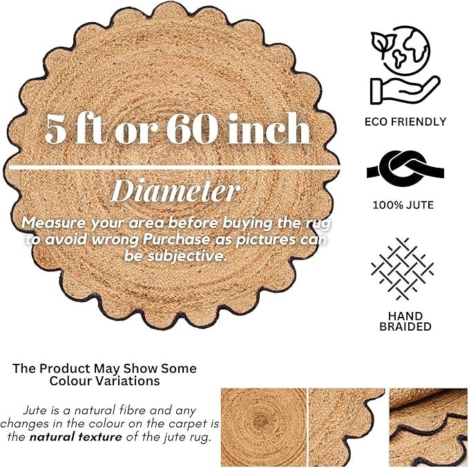 Hand Woven Braided Jute Rug - 5' Round - Reversible Farmhouse Dining Room Rug, Living Room, Bedroom, Kitchen - Natural Decorative Floor Boho Entry Area Rugs - 5 Foot Round Rug